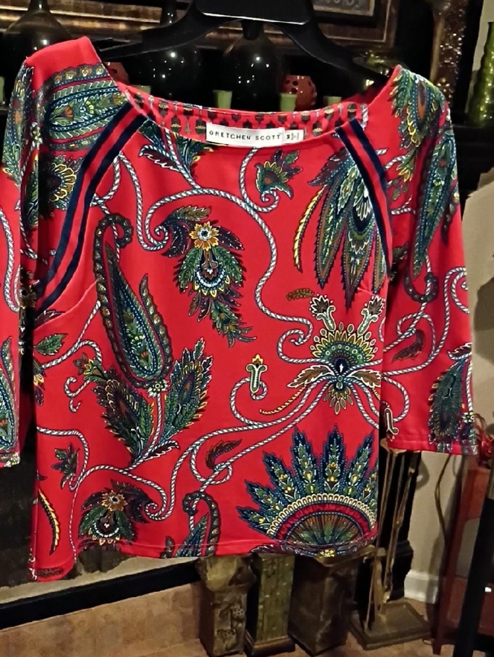 FINAL PRICE Gretchen Scott Red Multicolored Paisley Rope Print Blouse - Picture 11 of 15